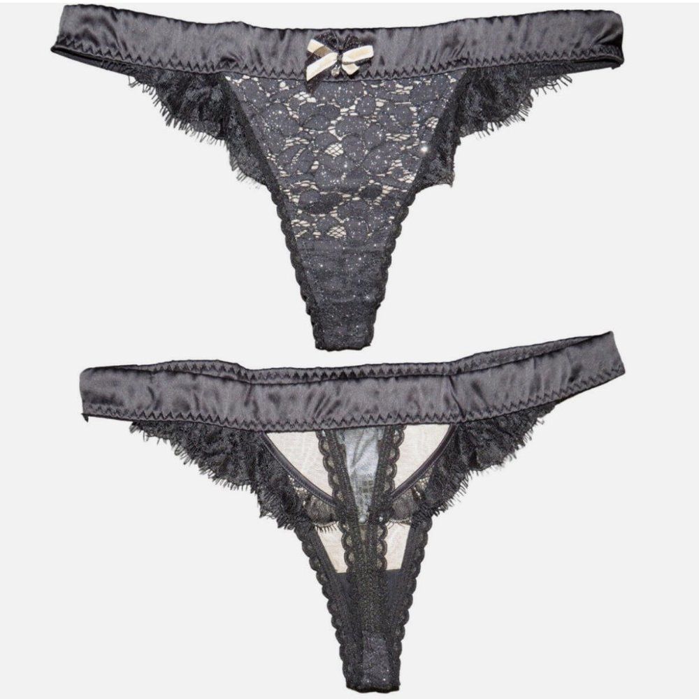 Pleasure State White Label Natalia Black Satin & Lace Thong Size Small